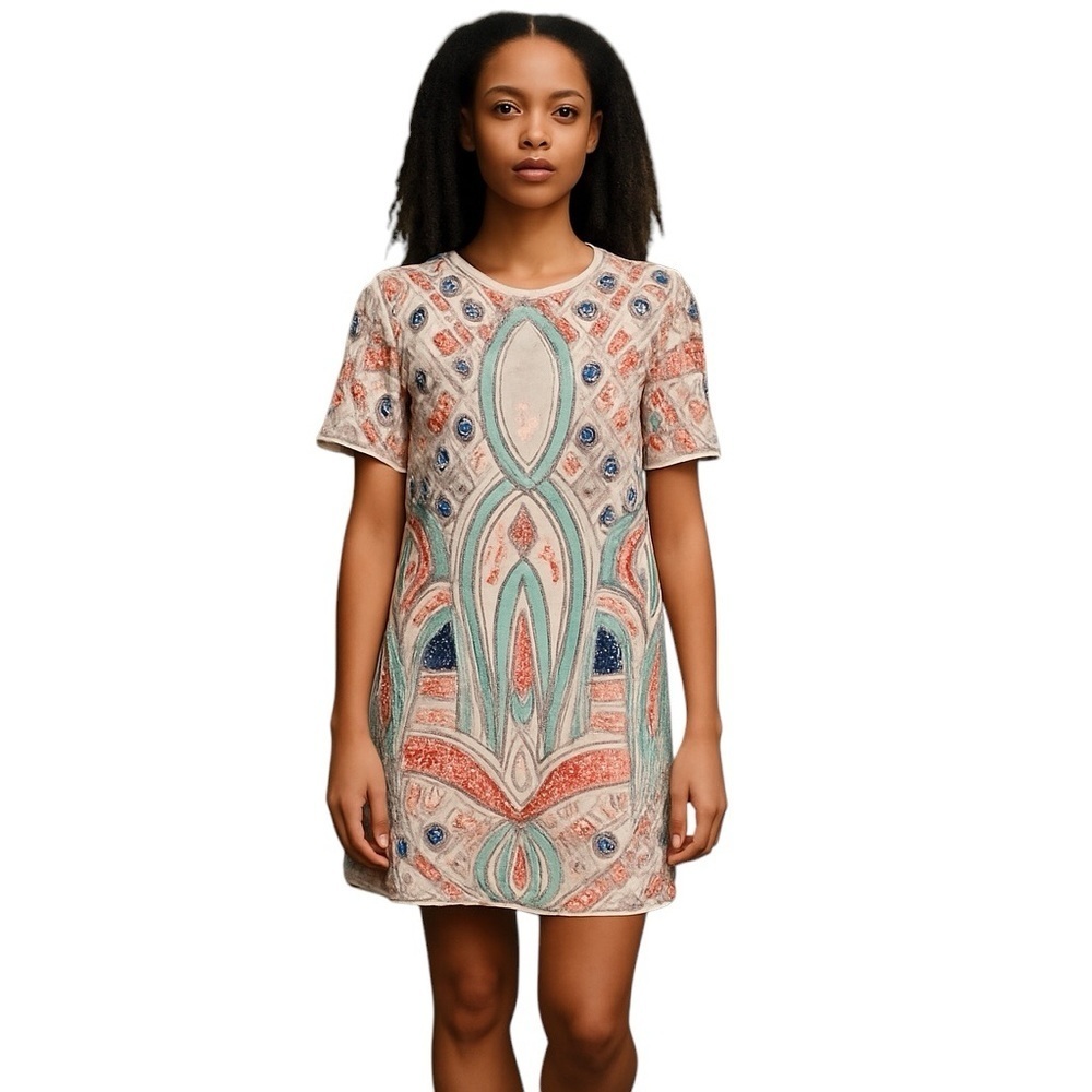 Karlie Sequin Boho Multicolor Patterned Shift Dre… - image 1